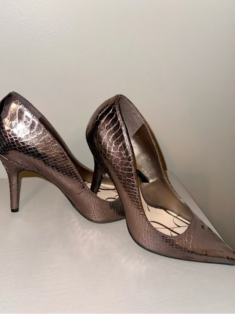 Sam & Libby Metallic Bronze Snakeskin Pointed-Toe Heels